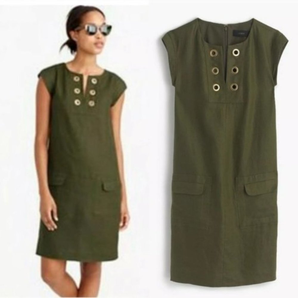 J. Crew Olive Green Linen Shift Dress Gold Grommet Detail Style F1836 Size 8